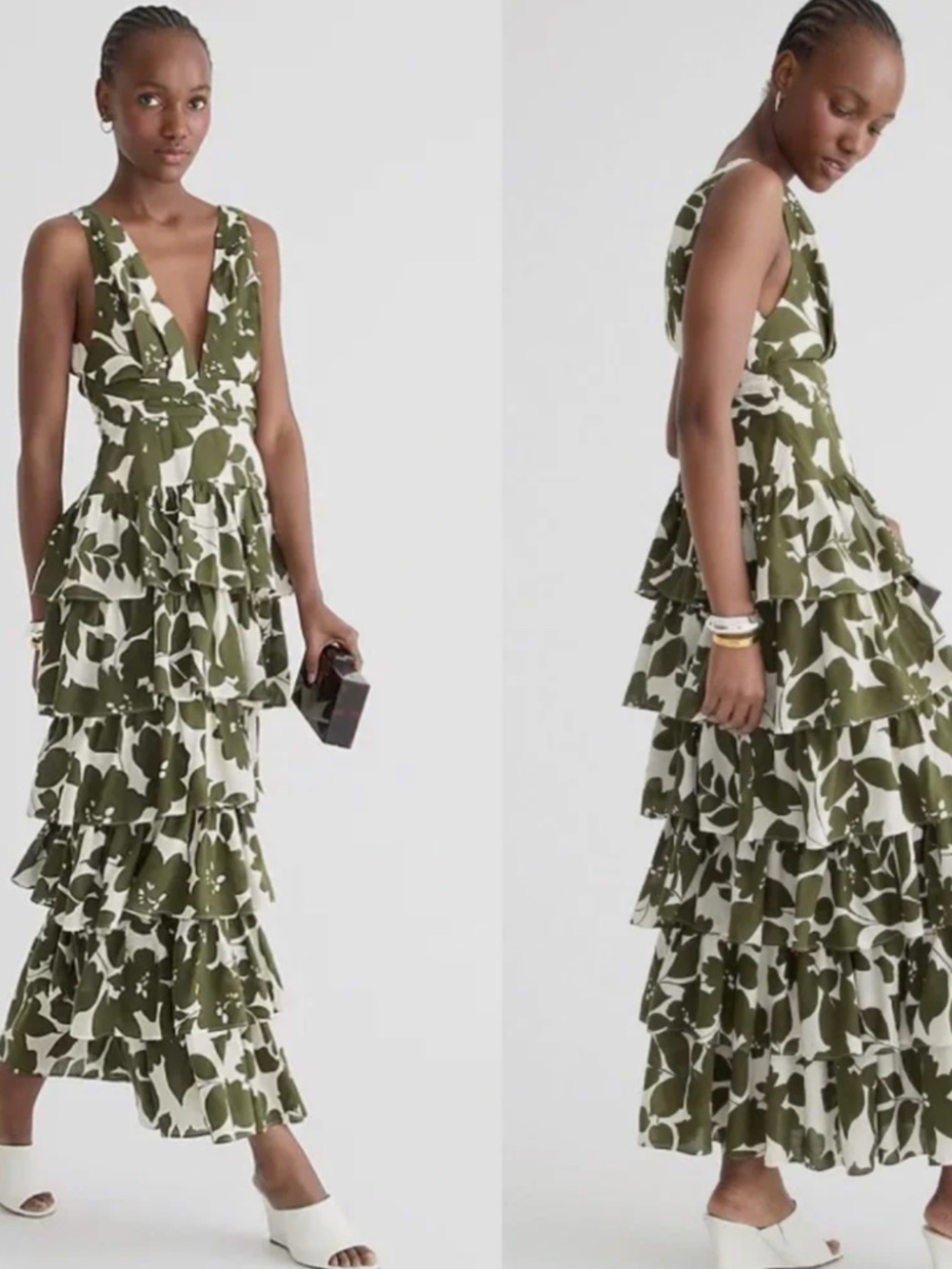 J. Crew Collection Dress Plunge Neck Tiered Floral Leaf Print Sleeveless Maxi 6